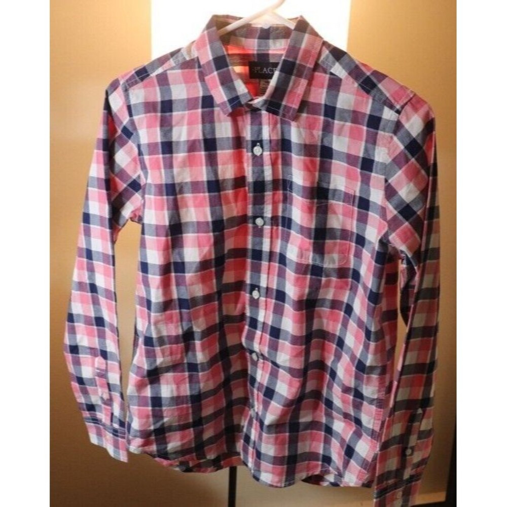 Childrens Place Red White Blue Plaid Button Down Long Sleeve 14 XL